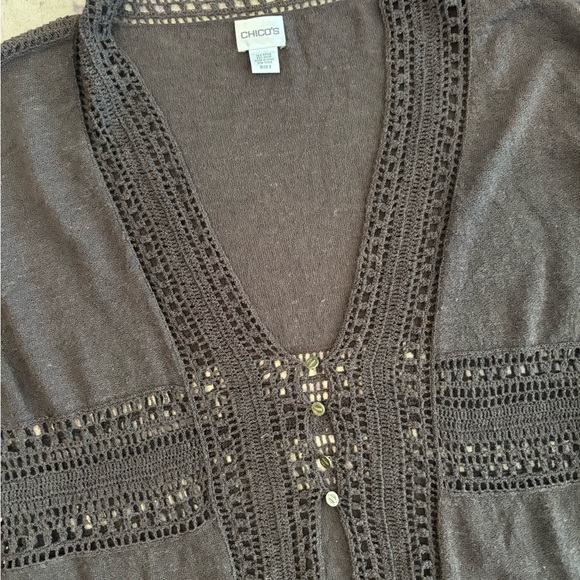 Women’s Chico's Elegant Lightweight Dark Brown Crochet Angel Sleeve Cardigan - Picture 2 of 6